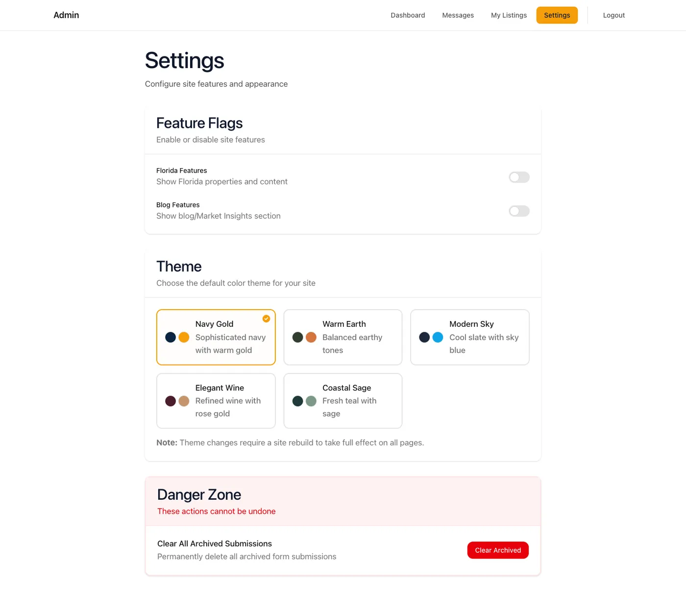 Toggle features and switch the whole site's color theme herself.