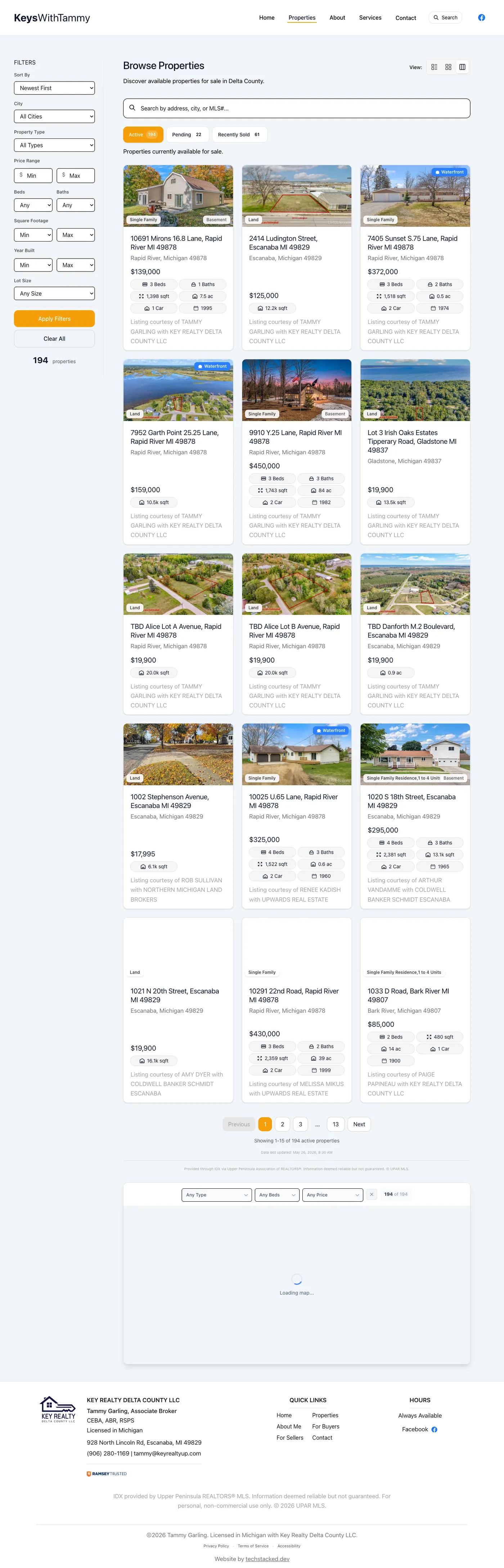 Buyers filter ~200 live MLS listings by price, beds, and acreage.